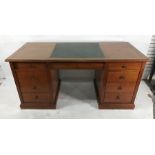 Modern desk with leatherette inset top, assorted drawers, on plinth base, 169cm x 78.5cm