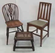 Pair of elm seated Windsor chairs with cartwheel carved backsplats, a cane seated stool and one