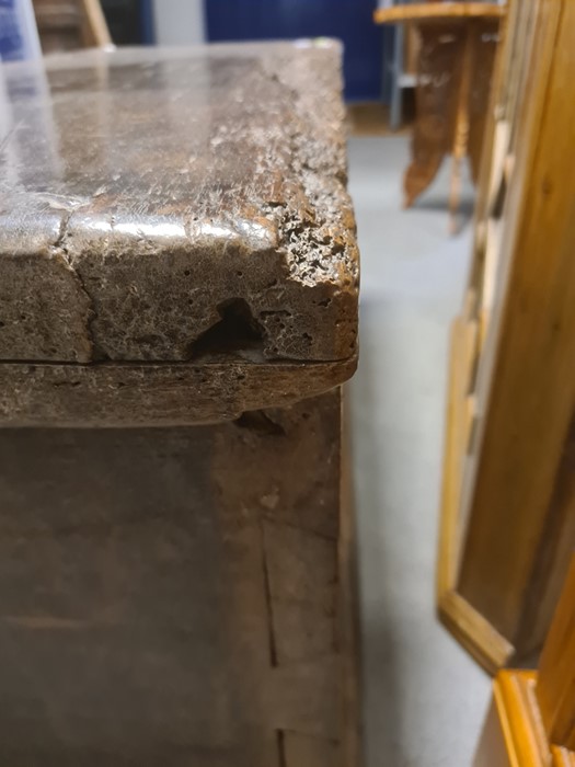 Antique carved oak coffer, the front panel with foliate scroll and all on plinth base, 91cm wide ( - Image 12 of 15