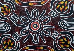 Aboriginal school Oil on canvas Scorpions and other motifs, on black and red dotted ground, signed