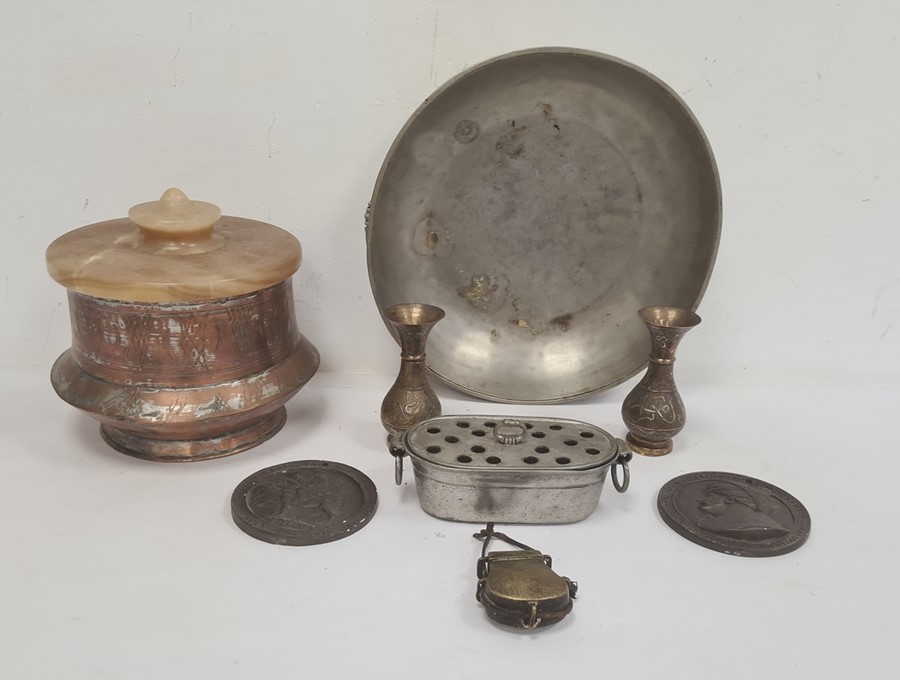 Middle Eastern copper container adapted for use as a wine cooler, with alabaster cover, other