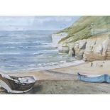 M Foulds (20th century school) Watercolour  Beach scene with fishing boats, signed lower right 1987,