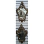 Pair of 19th century shaped wall mirrors in carved wood frames, the tops surmounted by flowers in