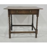19th century oak single drawer side table, the rectangular top above the single drawer, on turned