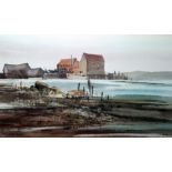 G John Blockley (1921-2002) Watercolour drawing Coastal scene, beached rowing boat and buildings,