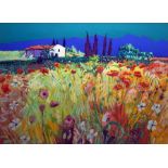 Godfrey Tonks (b. 1948) Gouache drawing "June - Penacerrada", landscape with vibrant poppy field,