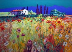 Godfrey Tonks (b. 1948) Gouache drawing "June - Penacerrada", landscape with vibrant poppy field,