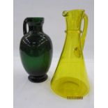 John Walsh Walsh uranium yellow glass jug with reeded collar, 30cm high and a Walsh Walsh green