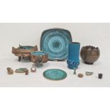 Clive Brooker bronzed effect studio pottery bowl, rounded square with turquoise glaze interior on