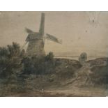 Circle of David Cox (1783-1859)  Watercolour Wagon on track alongside a windmill, bearing