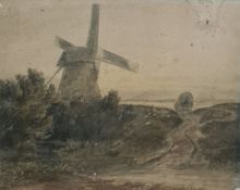 Circle of David Cox (1783-1859)  Watercolour Wagon on track alongside a windmill, bearing