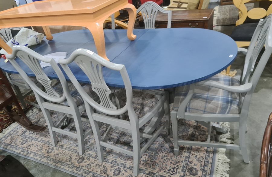 Painted reproduction Regency dining table, six chairs and sideboard painted in blues and grey