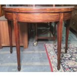 19th century mahogany demi-lune card table, the top with decorative inlay, on square section