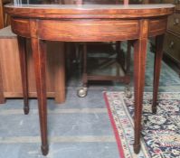 19th century mahogany demi-lune card table, the top with decorative inlay, on square section