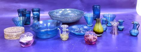 Quantity turquoise glass items including bowls and beakers, large blue modern bowl with abstract