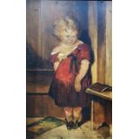 19th century school  Oil on panel  Child in red dress, unsigned, 43cm x 28cm