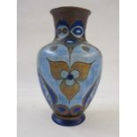 Clews & Co. Chameleon Ware Art Deco-style vase, baluster-shaped, blue ground with aesthetic leaf