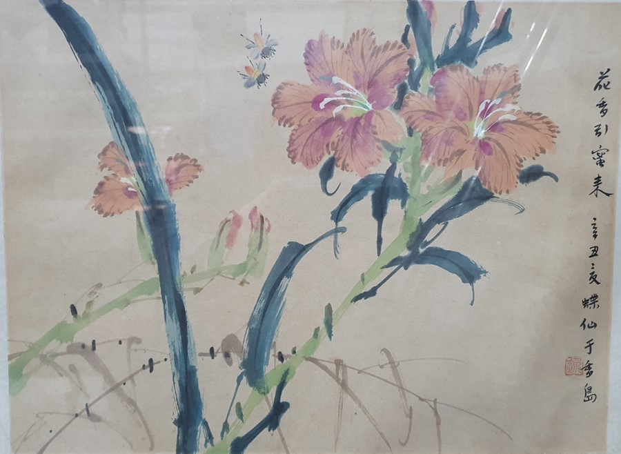 Three Chinese watercolour studies of birds and insects amongst blossom, with inscriptions to the - Image 3 of 4