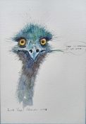 Renate Leyer-Schairer (21st century)  Watercolour and pen  Ostrich, signed and dated 10/95, 25cm x