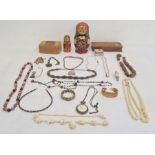 Quantity of costume jewellery to include beaded necklaces, bangles, etc, wooden jewellery boxes,