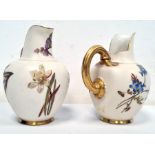 Pair late Victorian Royal Worcester porcelain ewers each with gilt handle, upright spout, shouldered