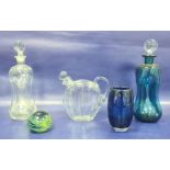 Baccarat wine ewer, flattened disc shape and panelled, a blue and clear glass glug-glug decanter,