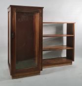 Modern display cabinet with single glazed door, on plinth base with attached bookshelf