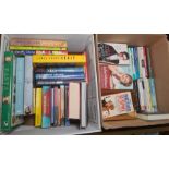 Four boxes of assorted books including fiction, Matt cartoon annuals, recipe books, etc. (4)