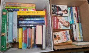 Four boxes of assorted books including fiction, Matt cartoon annuals, recipe books, etc. (4)
