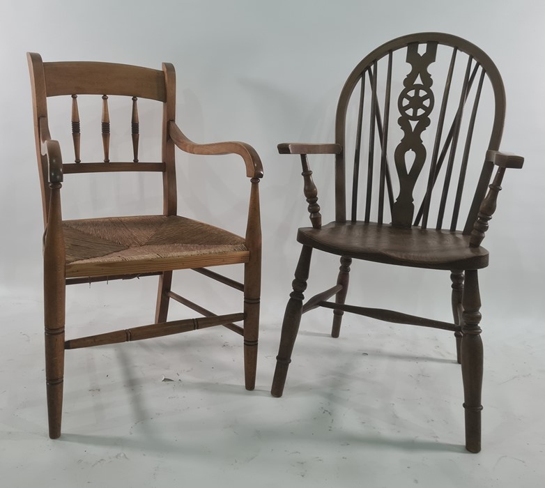 Five assorted chairs to include cane seated spindle back chair, rush seated chair, wheelback chair - Image 2 of 2