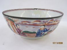 Antique Chinese famille rose porcelain punchbowl with decoration autour of figures in lakeside
