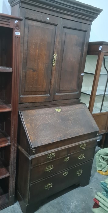 18th century oak bureau bookcase with cavetto moulded cornice above two panelled doors enclosing - Image 2 of 2