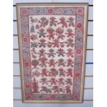 Chinese silk embroidered panel, rectangular, beige with pink, yellow and beige cherry blossom, 1.8cm