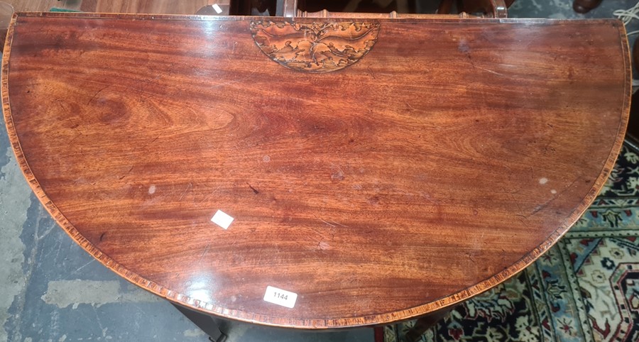 19th century mahogany demi-lune card table, the top with decorative inlay, on square section - Image 2 of 7