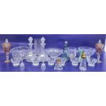 Various cut glass bowls, sundae dishes, vase, decanters and coloured glass items
