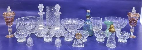 Various cut glass bowls, sundae dishes, vase, decanters and coloured glass items