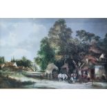 Oleograph depicting horse-drawn carriage in village scene, in gilt frame, 60cm x 90cm