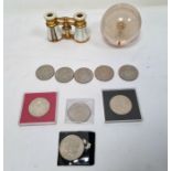 Pair of mother-of-pearl and gilt brass opera glasses (af), a quantity of commemorative coins and a