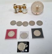 Pair of mother-of-pearl and gilt brass opera glasses (af), a quantity of commemorative coins and a