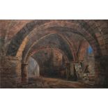19th century school Watercolour  View of Gloucester Cathedral crypt with postcard of same view