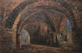 19th century school Watercolour  View of Gloucester Cathedral crypt with postcard of same view