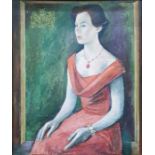 English school  Oil on panel  Three quarter length portrait of lady in red dress, indistinctly