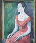 English school  Oil on panel  Three quarter length portrait of lady in red dress, indistinctly