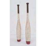 Pair white and red painted stained wooden handled exercise clubs