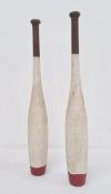 Pair white and red painted stained wooden handled exercise clubs