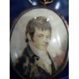 Early 19th century miniature on ivory, head and shoulders portrait of gentleman, 7 cms x 5.5 cms