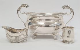 1920's two-handled sugar bowl, mask handles, pierced decoration to corners, on claw feet, Birmingham