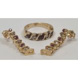 14ct gold, diamond and ruby (?) five-stone ring, marked 14ct and a pair of matching drop earrings