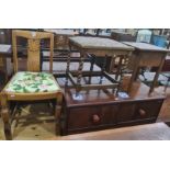 Oak framed chair, a bedside table, and a mahogany bookcase (3)