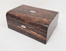 19th century work box, possibly coromandel, with fitted interior of sewing bobbins, various